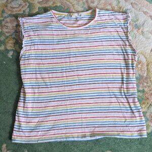 BODEN Women Sz 10 Tee Shirt Sleeveless Rainbow Stripe Lettuce Edged 100% Cotton
